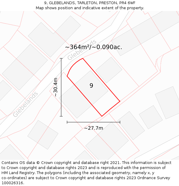 9, GLEBELANDS, TARLETON, PRESTON, PR4 6WF: Plot and title map