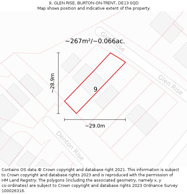 9, GLEN RISE, BURTON-ON-TRENT, DE13 0QD: Plot and title map