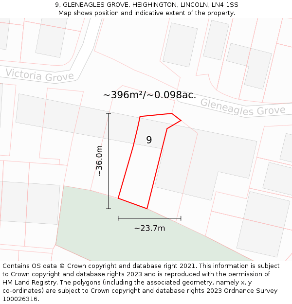 9, GLENEAGLES GROVE, HEIGHINGTON, LINCOLN, LN4 1SS: Plot and title map