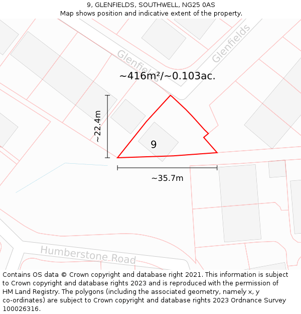 9, GLENFIELDS, SOUTHWELL, NG25 0AS: Plot and title map