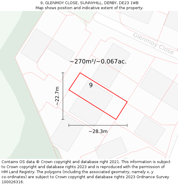 9, GLENMOY CLOSE, SUNNYHILL, DERBY, DE23 1WB: Plot and title map