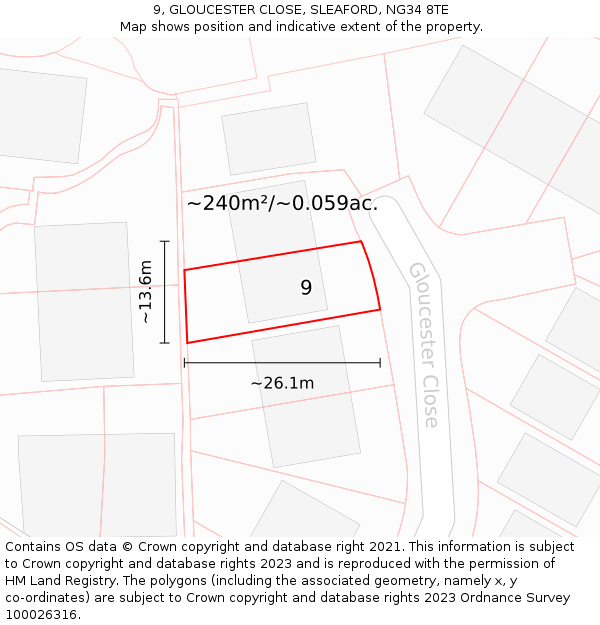 9, GLOUCESTER CLOSE, SLEAFORD, NG34 8TE: Plot and title map