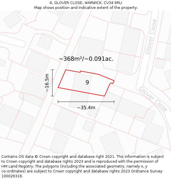 9, GLOVER CLOSE, WARWICK, CV34 6RU: Plot and title map