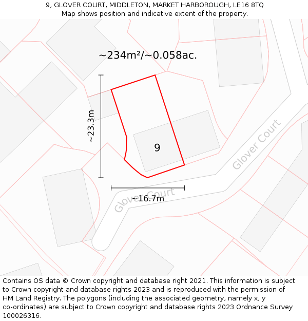 9, GLOVER COURT, MIDDLETON, MARKET HARBOROUGH, LE16 8TQ: Plot and title map
