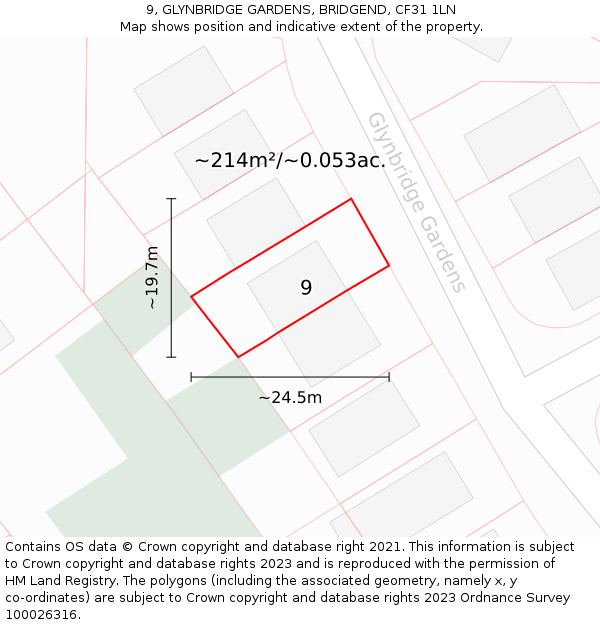 9, GLYNBRIDGE GARDENS, BRIDGEND, CF31 1LN: Plot and title map