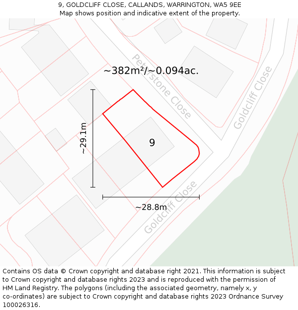 9, GOLDCLIFF CLOSE, CALLANDS, WARRINGTON, WA5 9EE: Plot and title map