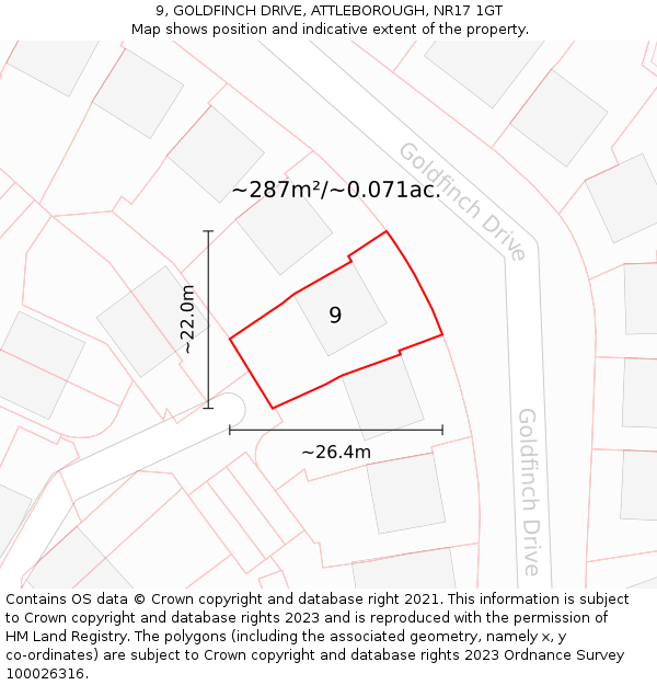 9, GOLDFINCH DRIVE, ATTLEBOROUGH, NR17 1GT: Plot and title map