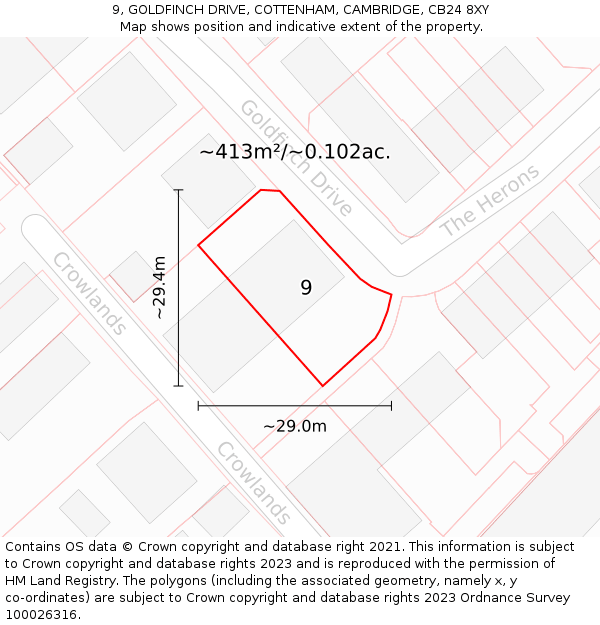 9, GOLDFINCH DRIVE, COTTENHAM, CAMBRIDGE, CB24 8XY: Plot and title map