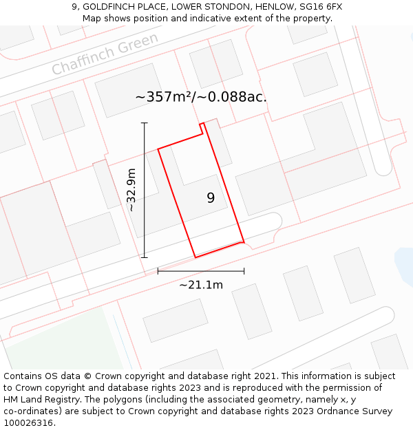 9, GOLDFINCH PLACE, LOWER STONDON, HENLOW, SG16 6FX: Plot and title map