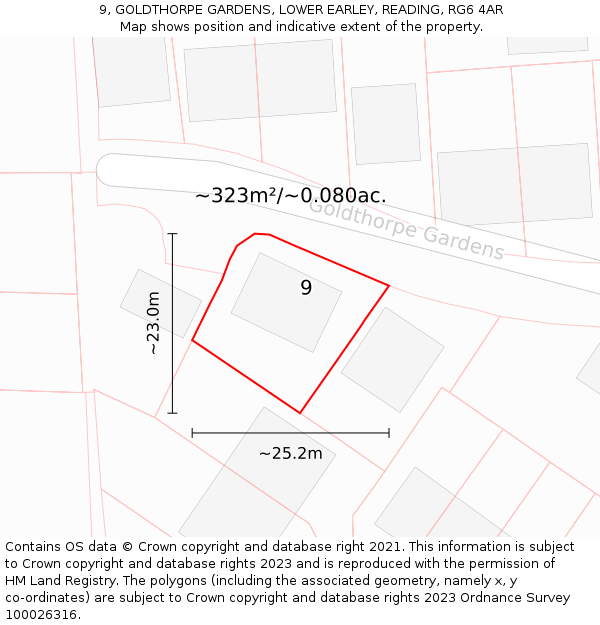 9, GOLDTHORPE GARDENS, LOWER EARLEY, READING, RG6 4AR: Plot and title map