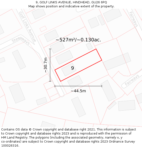 9, GOLF LINKS AVENUE, HINDHEAD, GU26 6PQ: Plot and title map