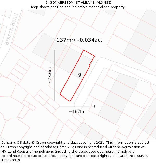 9, GONNERSTON, ST ALBANS, AL3 4SZ: Plot and title map