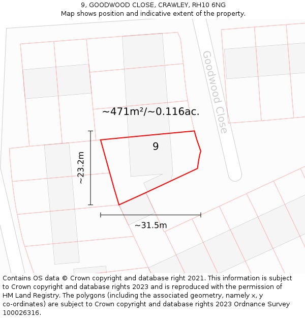 9, GOODWOOD CLOSE, CRAWLEY, RH10 6NG: Plot and title map