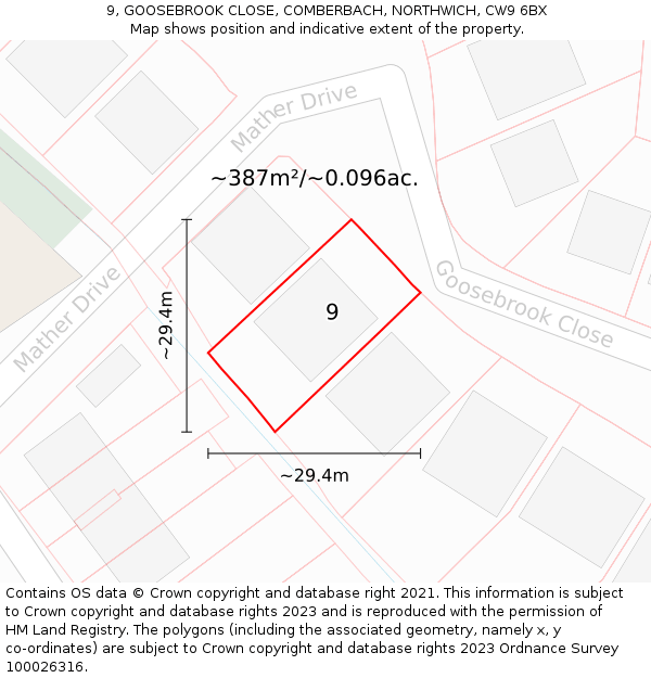 9, GOOSEBROOK CLOSE, COMBERBACH, NORTHWICH, CW9 6BX: Plot and title map