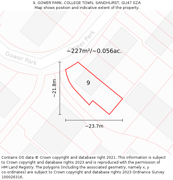 9, GOWER PARK, COLLEGE TOWN, SANDHURST, GU47 0ZA: Plot and title map