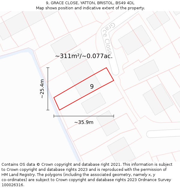9, GRACE CLOSE, YATTON, BRISTOL, BS49 4DL: Plot and title map