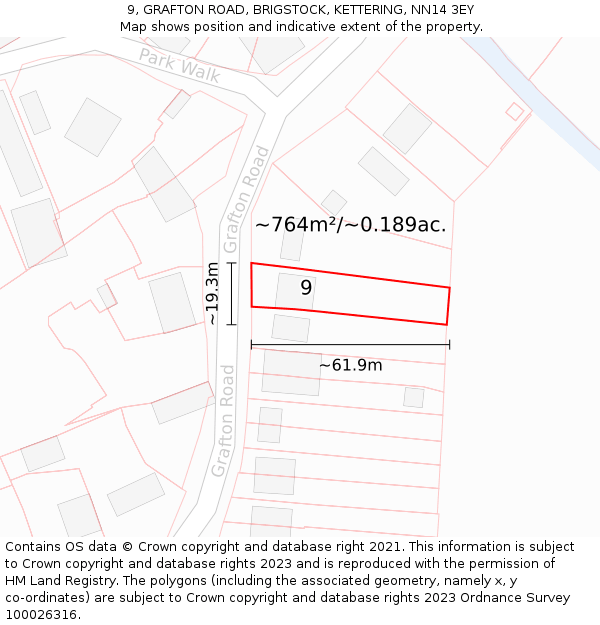 9, GRAFTON ROAD, BRIGSTOCK, KETTERING, NN14 3EY: Plot and title map