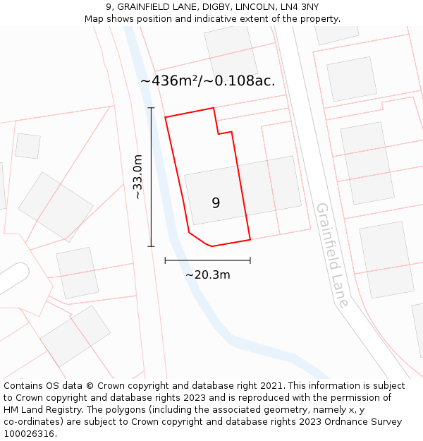9, GRAINFIELD LANE, DIGBY, LINCOLN, LN4 3NY: Plot and title map