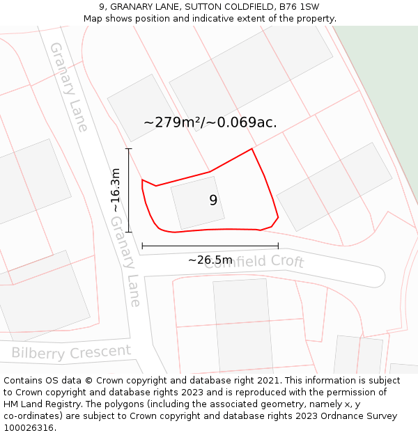 9, GRANARY LANE, SUTTON COLDFIELD, B76 1SW: Plot and title map
