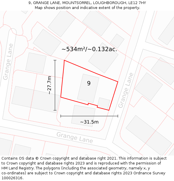 9, GRANGE LANE, MOUNTSORREL, LOUGHBOROUGH, LE12 7HY: Plot and title map