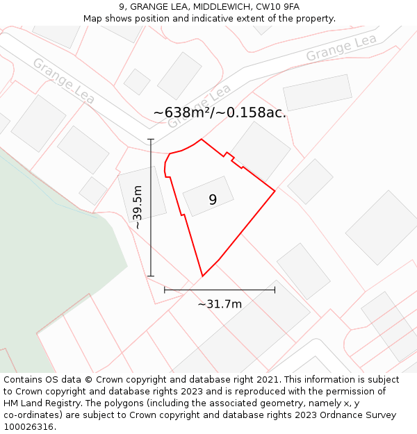 9, GRANGE LEA, MIDDLEWICH, CW10 9FA: Plot and title map