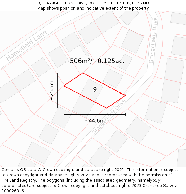 9, GRANGEFIELDS DRIVE, ROTHLEY, LEICESTER, LE7 7ND: Plot and title map