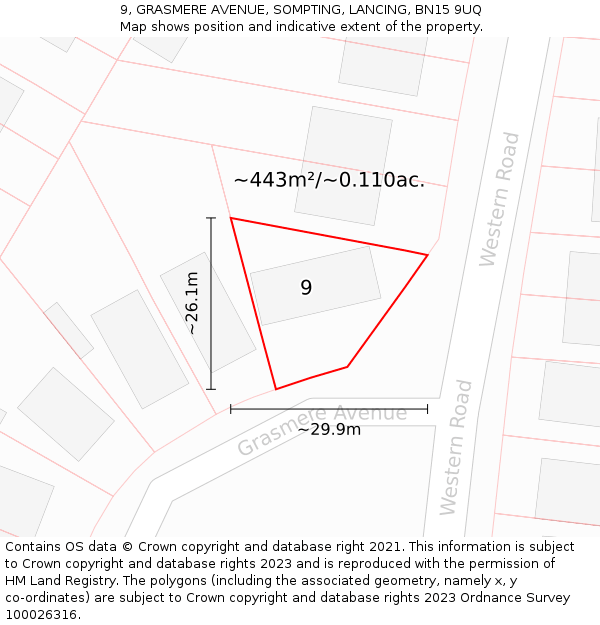 9, GRASMERE AVENUE, SOMPTING, LANCING, BN15 9UQ: Plot and title map
