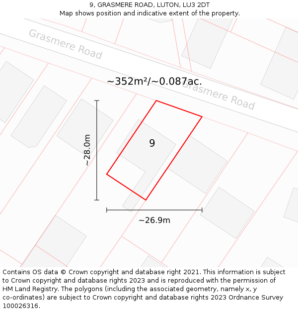 9, GRASMERE ROAD, LUTON, LU3 2DT: Plot and title map