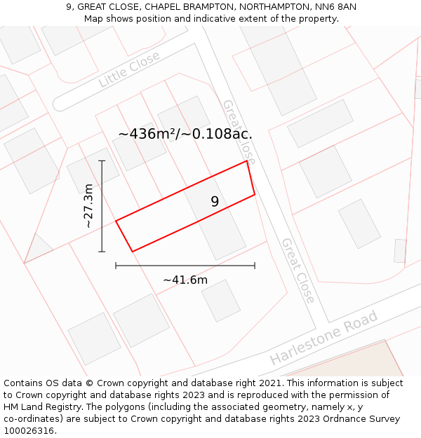 9, GREAT CLOSE, CHAPEL BRAMPTON, NORTHAMPTON, NN6 8AN: Plot and title map