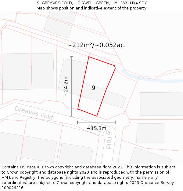9, GREAVES FOLD, HOLYWELL GREEN, HALIFAX, HX4 9DY: Plot and title map