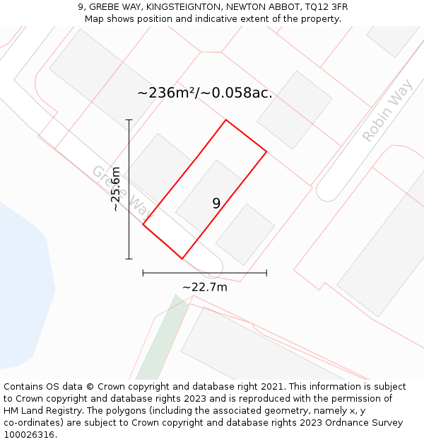9, GREBE WAY, KINGSTEIGNTON, NEWTON ABBOT, TQ12 3FR: Plot and title map