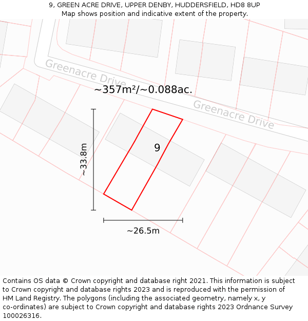 9, GREEN ACRE DRIVE, UPPER DENBY, HUDDERSFIELD, HD8 8UP: Plot and title map