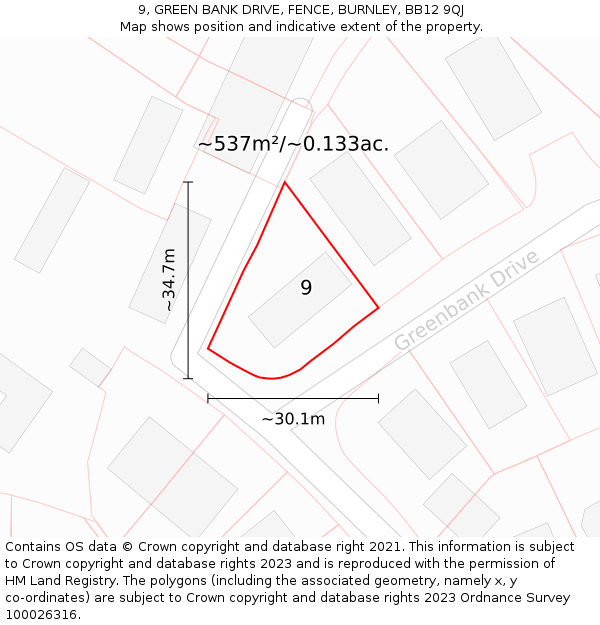 9, GREEN BANK DRIVE, FENCE, BURNLEY, BB12 9QJ: Plot and title map