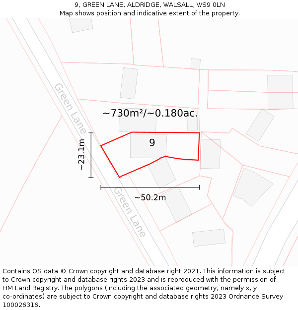 9, GREEN LANE, ALDRIDGE, WALSALL, WS9 0LN: Plot and title map