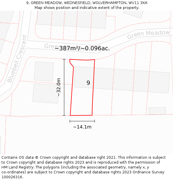 9, GREEN MEADOW, WEDNESFIELD, WOLVERHAMPTON, WV11 3XA: Plot and title map