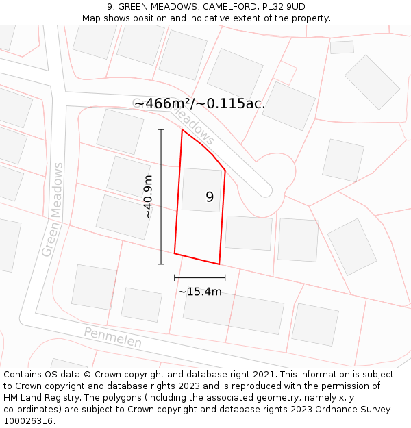 9, GREEN MEADOWS, CAMELFORD, PL32 9UD: Plot and title map