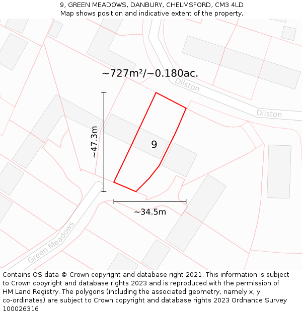 9, GREEN MEADOWS, DANBURY, CHELMSFORD, CM3 4LD: Plot and title map