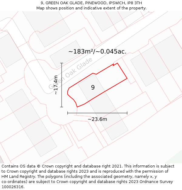 9, GREEN OAK GLADE, PINEWOOD, IPSWICH, IP8 3TH: Plot and title map