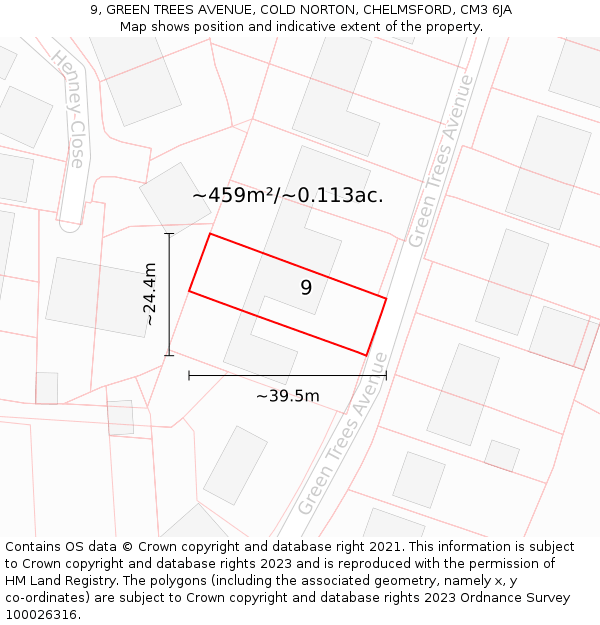 9, GREEN TREES AVENUE, COLD NORTON, CHELMSFORD, CM3 6JA: Plot and title map
