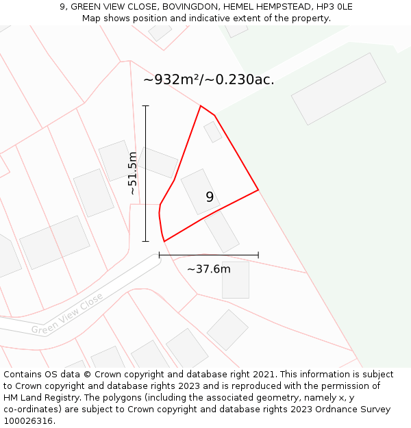 9, GREEN VIEW CLOSE, BOVINGDON, HEMEL HEMPSTEAD, HP3 0LE: Plot and title map