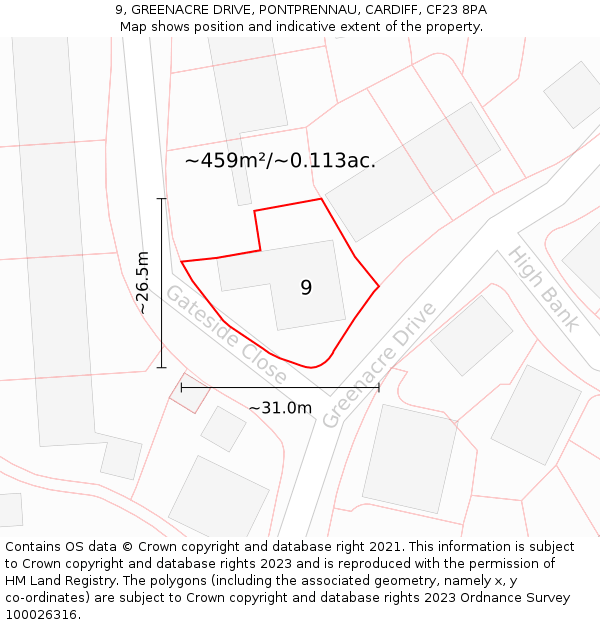 9, GREENACRE DRIVE, PONTPRENNAU, CARDIFF, CF23 8PA: Plot and title map