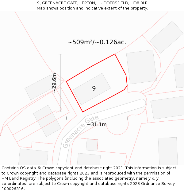9, GREENACRE GATE, LEPTON, HUDDERSFIELD, HD8 0LP: Plot and title map