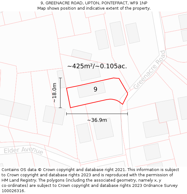 9, GREENACRE ROAD, UPTON, PONTEFRACT, WF9 1NP: Plot and title map