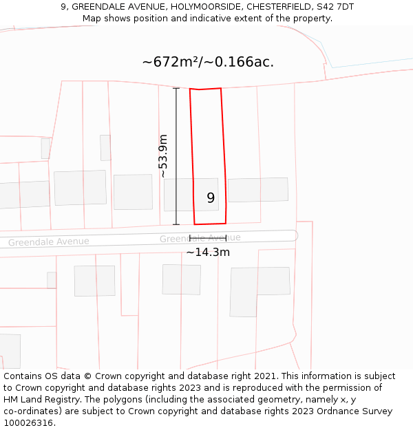 9, GREENDALE AVENUE, HOLYMOORSIDE, CHESTERFIELD, S42 7DT: Plot and title map