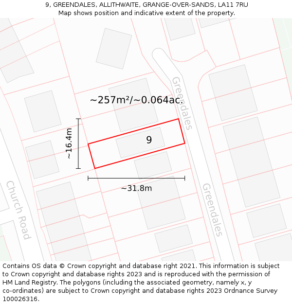 9, GREENDALES, ALLITHWAITE, GRANGE-OVER-SANDS, LA11 7RU: Plot and title map