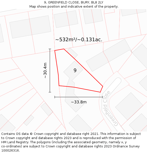 9, GREENFIELD CLOSE, BURY, BL8 2LY: Plot and title map