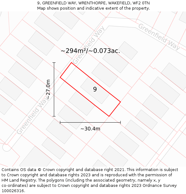 9, GREENFIELD WAY, WRENTHORPE, WAKEFIELD, WF2 0TN: Plot and title map