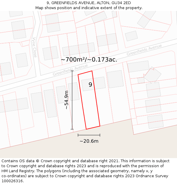 9, GREENFIELDS AVENUE, ALTON, GU34 2ED: Plot and title map