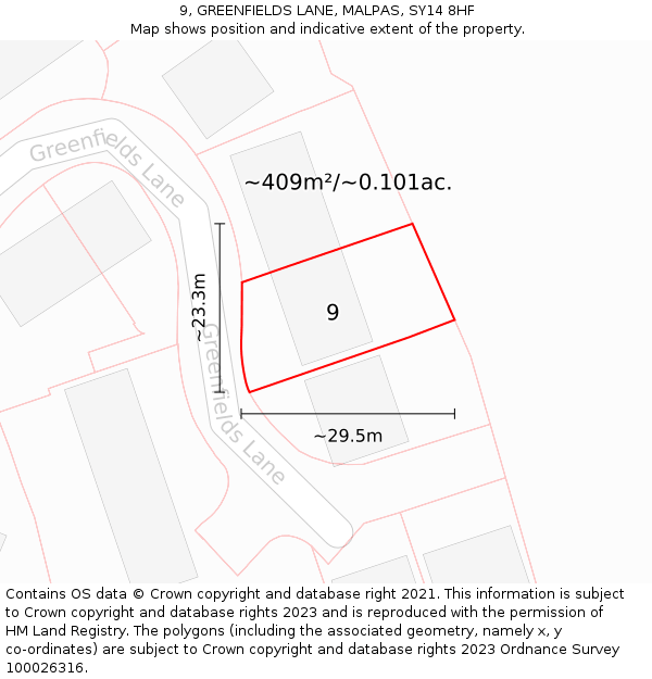 9, GREENFIELDS LANE, MALPAS, SY14 8HF: Plot and title map