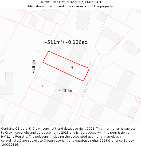 9, GREENFIELDS, STANSTED, CM24 8AH: Plot and title map